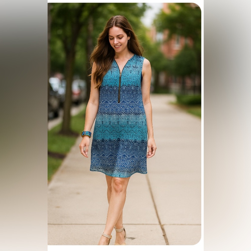 IZ Byer Blue Boho Y2K Zip Front Sleeveless Dress Size L | Abstract Print
